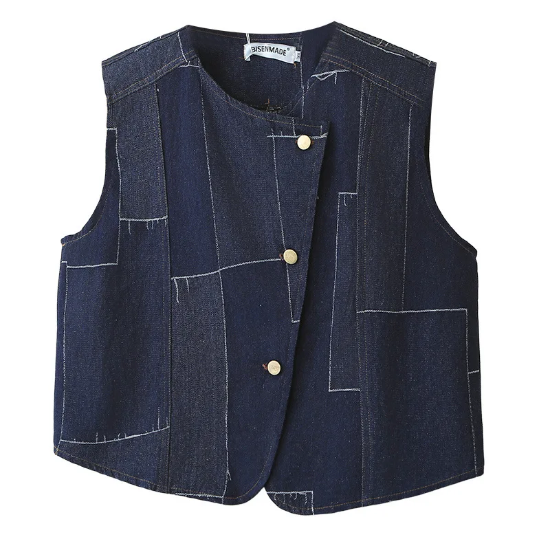 

Women Plus Size Sleeveless Denim Vest Graffiti Print O Neck Casual Cardigan Waistcoat Trendy Tops 8813