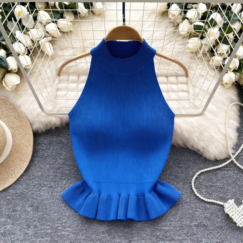 Summer New Women Mock Neck Ruffle Hem Crop Tank Sleeveless Stretchy Ribbed Knit Casual Female Elegant Cami Tops