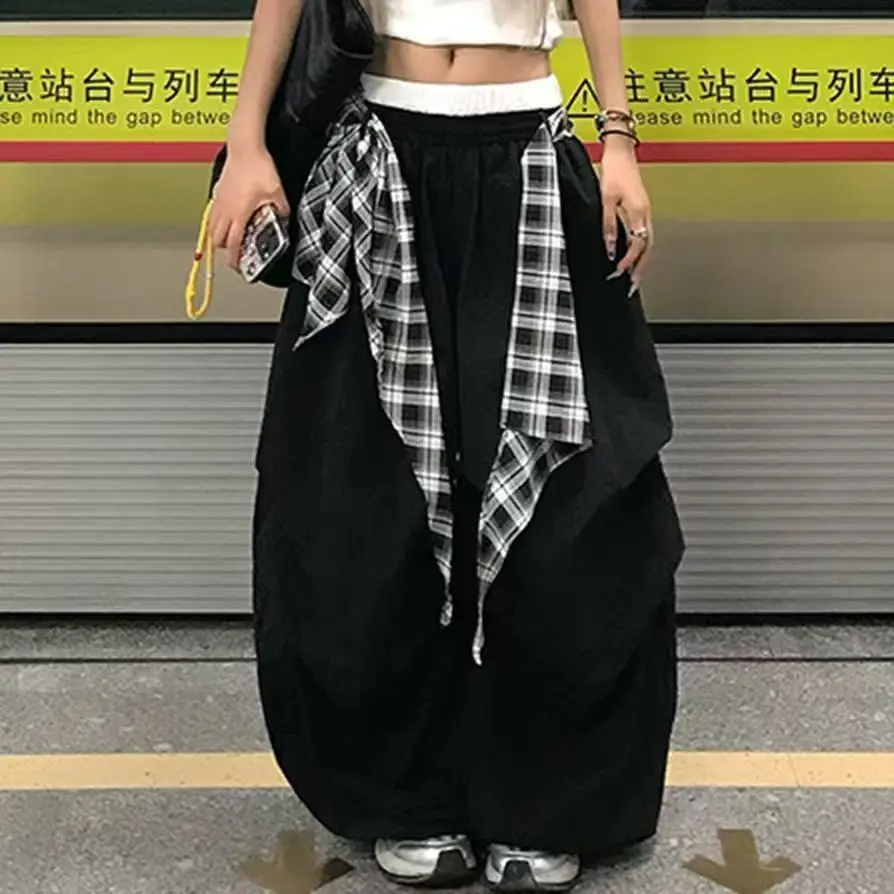 Y2K الأمريكية الأسود الرجعية الهيب هوب تقسم منقوشة حزام الساخن فتاة فضفاضة عادية عالية الخصر المرأة واسعة الساق التجفيف السريع Sweatpants