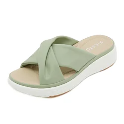 SIKETU Brand Casual Wedge Pleated Cross Thick Straps Slides Women Solid Color Dress Classic Slip on Slipper Walking Light Summer