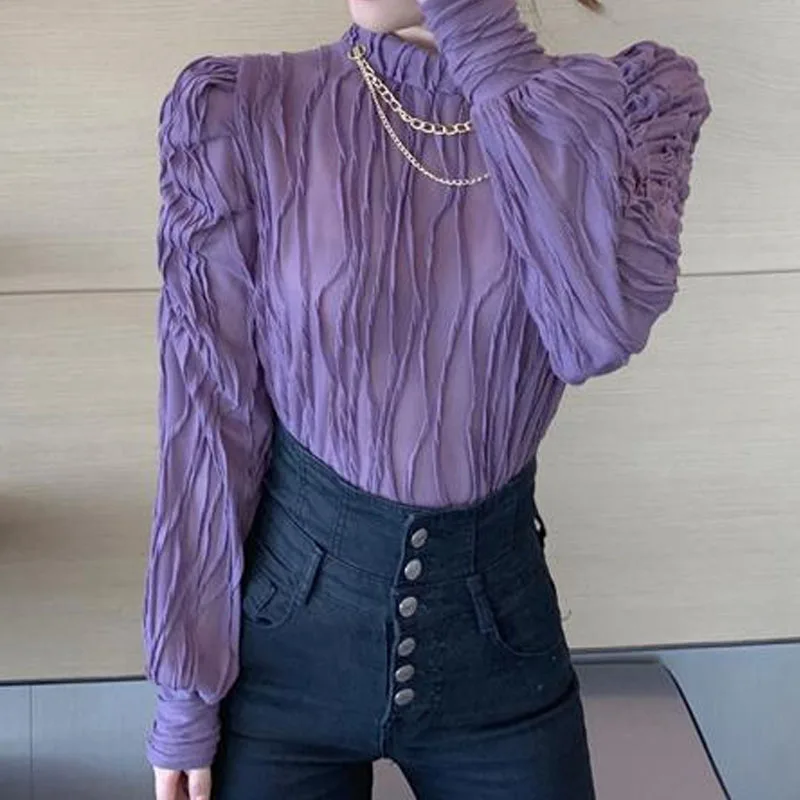 Fashion All-match Solid Color Folds Tops for Female Korean Simplicity Long Sleeve Stand Collar T-shirt Autumn Women's Clothing