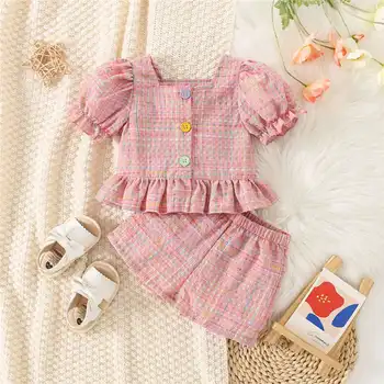 (0-3 Jahre alt) Sommer Baby Mädchen Baumwolle Farbe Plaid Blase Hülse Top Und Shorts Set Niedliche Prinzessin Stil Zwei-stück Set Für Mädchen