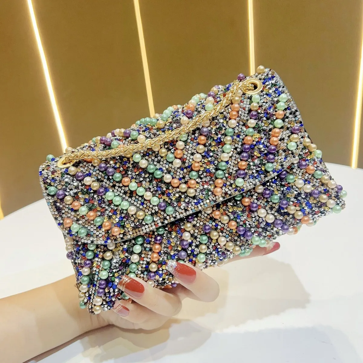 

French Vintage Pearl Rhinestone Bag Women’s Small Square Flap Crossbody Sparkling Evening Underarm Purse Colorful Luxury Tote