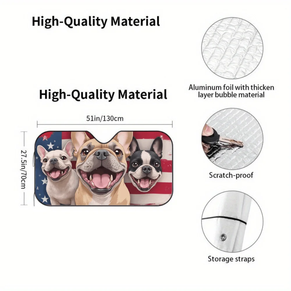 Three French Bulldogs In Front Of An American Flag Car Auto Sunshades | Front Window Sun Cover For Car, Durable Polyamide Visor,
