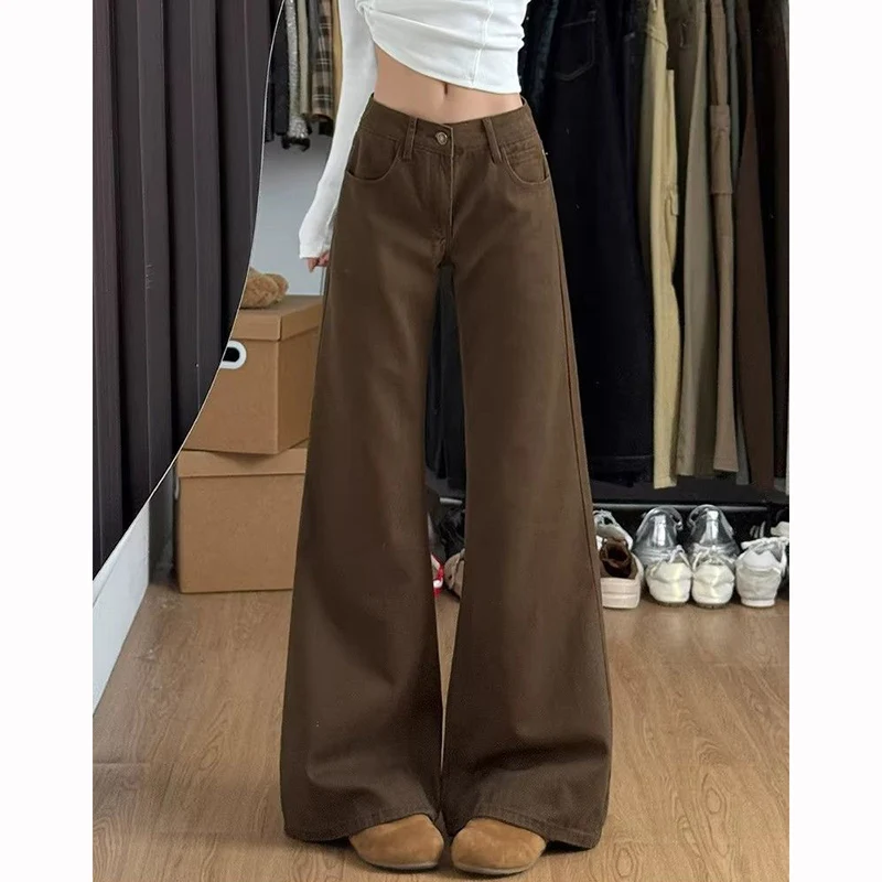 2026 Lady Solid Color Thin Flared Jeans Girls High Waist Slim Fit Brown Trousers Women Fashion Leisure Denim Pants