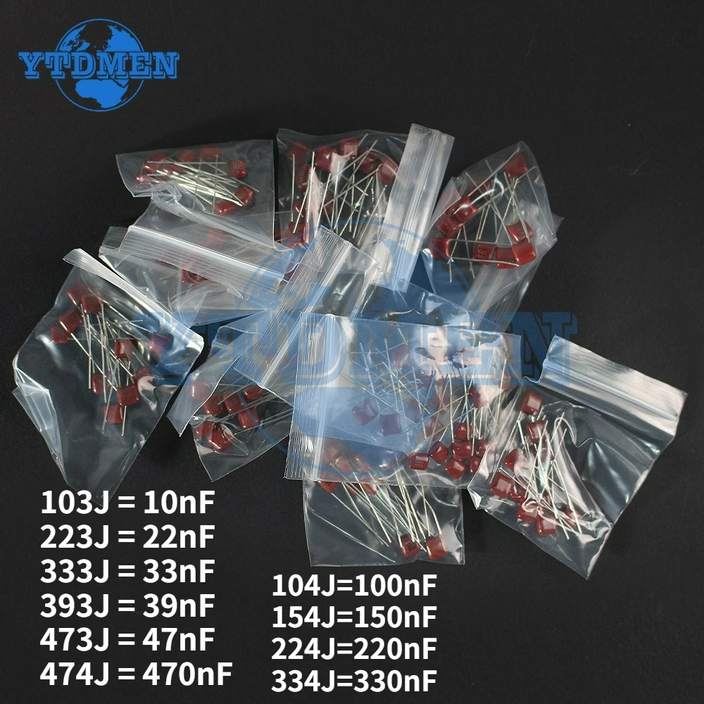 100 Uds 100V condensador CBB 103 223 333 393 473 104 154 224 334 474 J Kit de condensadores de película de polipropileno 10nF 22nF 47nF 100nF 470nF