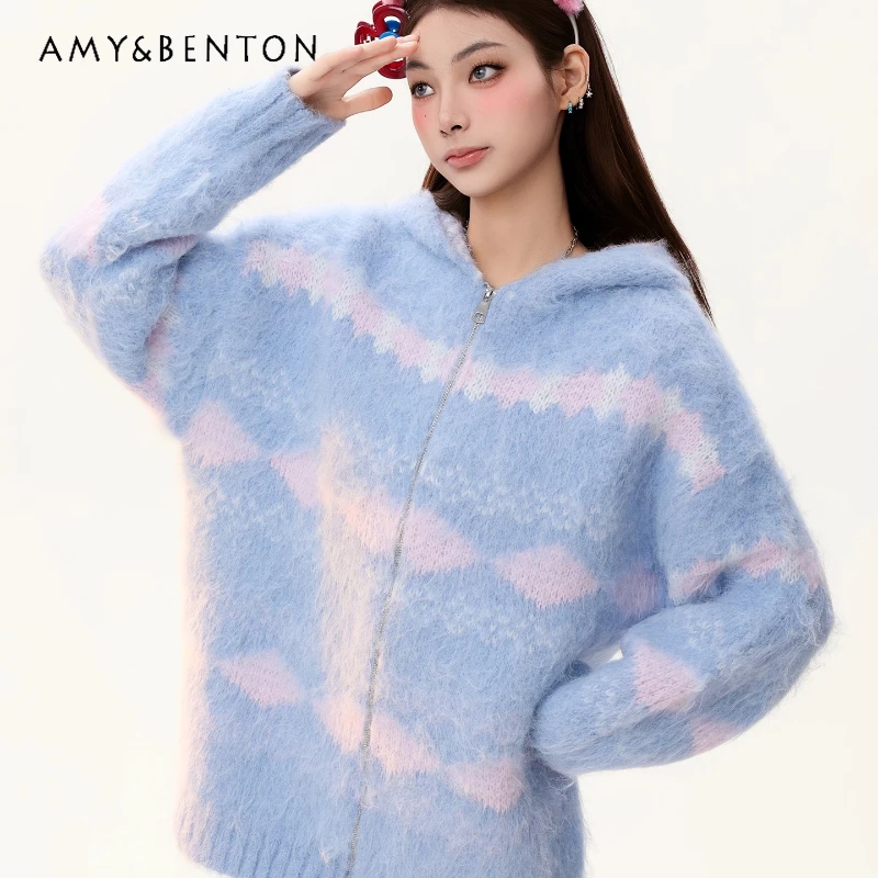 

American Retro Design Faux Mink Knitted Hooded Women's Cardigan Autumn Winter New Sweet Versatile Warm Zipper Sweater Coat Girl