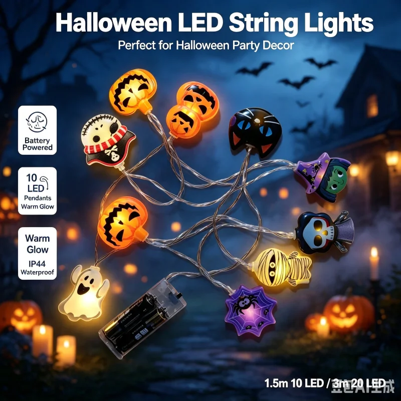 Halloween Battery String Lights, LED Pumpkin Ghost Witch Cat Skull Mummy Pirate Shapes for Indoor Outdoor Holiday Party Decor