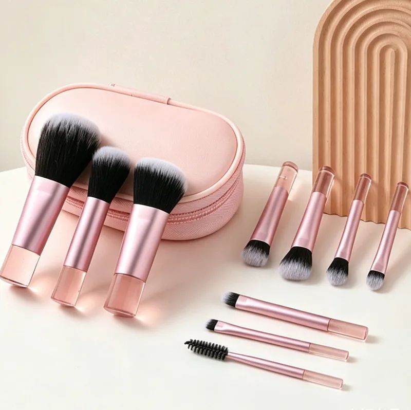 10Pcs Mini Makeup Brush Set with Bag, Crystal Handle Cosmetic Brushes for Foundation, Blush & Eyeshadow, Portable Travel Kit