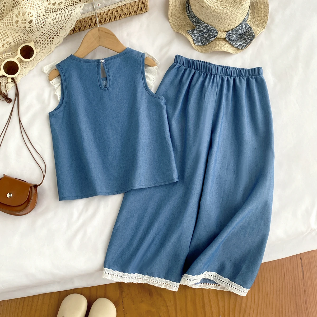 Kids Clothes Girls Summer Fashion  Cowboy Blue Lace Bow+Lace Wide Leg Pants Sets Children's Daily Casual Wear