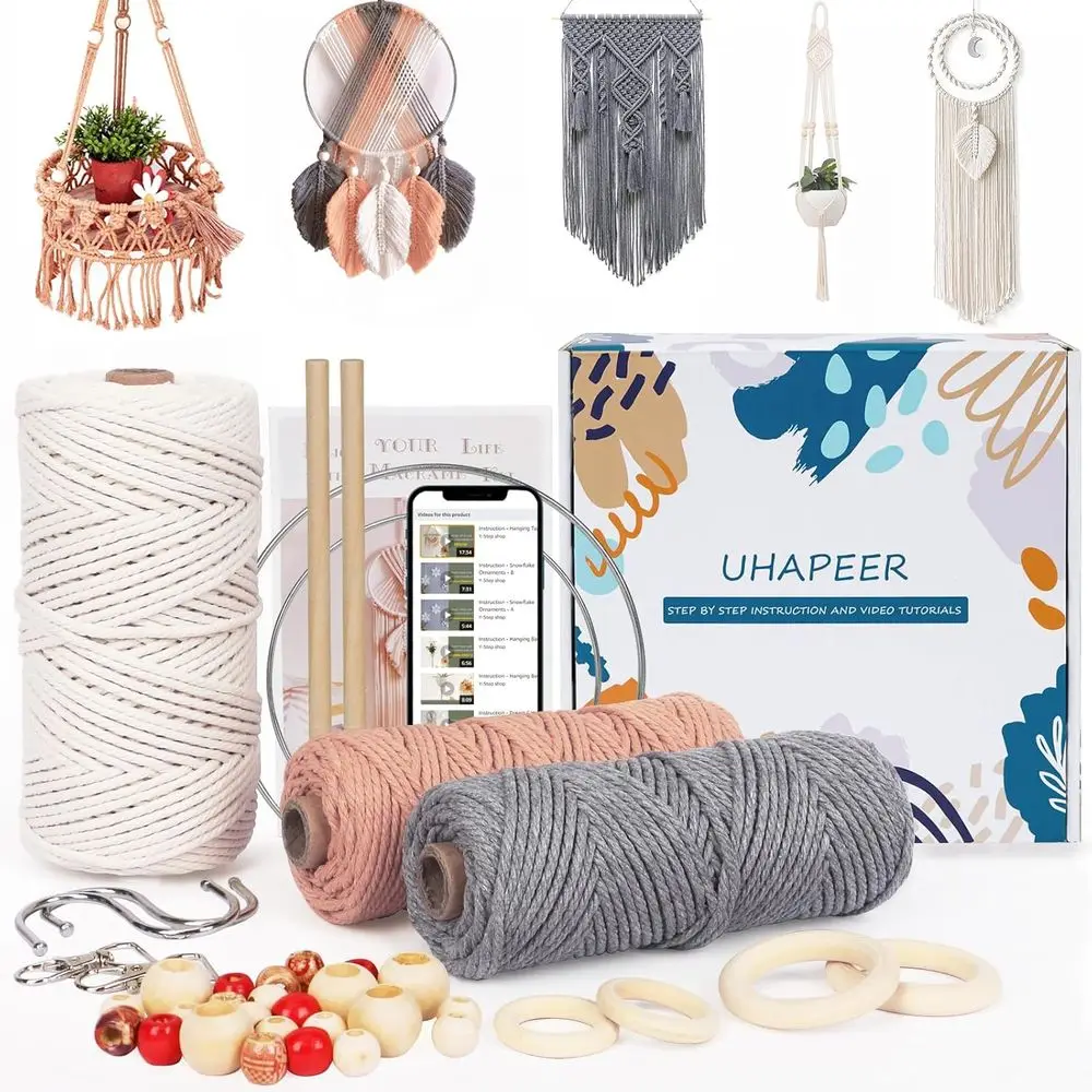 DIY Plant Hanger Kit with Supplies and Instructions, Beads, Wooden Rings, Dream Catcher Rings, 656 Feet 3mm Cotton Cord