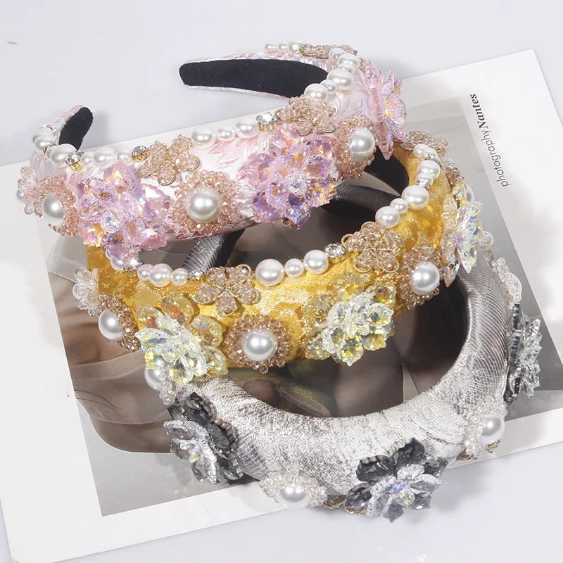 Boho Fashion Rhinestone Hair Hoop Shiny Wide Brim Baroque Headband Women's Wedding Headwear Accessories Yellow Pink Head Bands