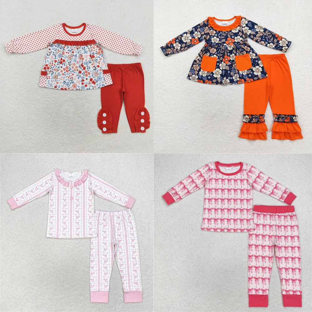 

Wholesale hot sale western boutiuqe baby girls clothes Floral polka dot pocket long sleeve orange brown pantsuit