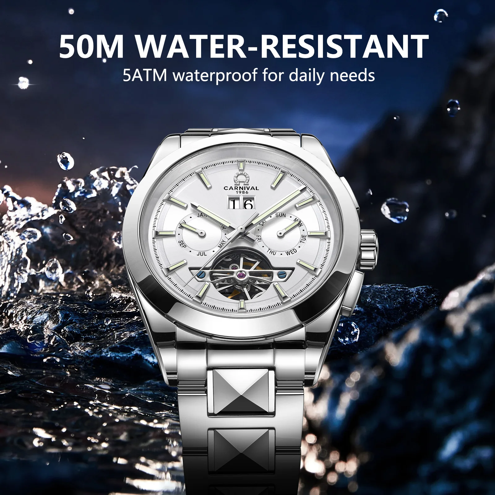 Automatic Mechanical Men Watchs,Day-Date-Month Skeleton 5 Hands Mechanical Classic Luxury Multi Calendar Stainless Steel Waterpr