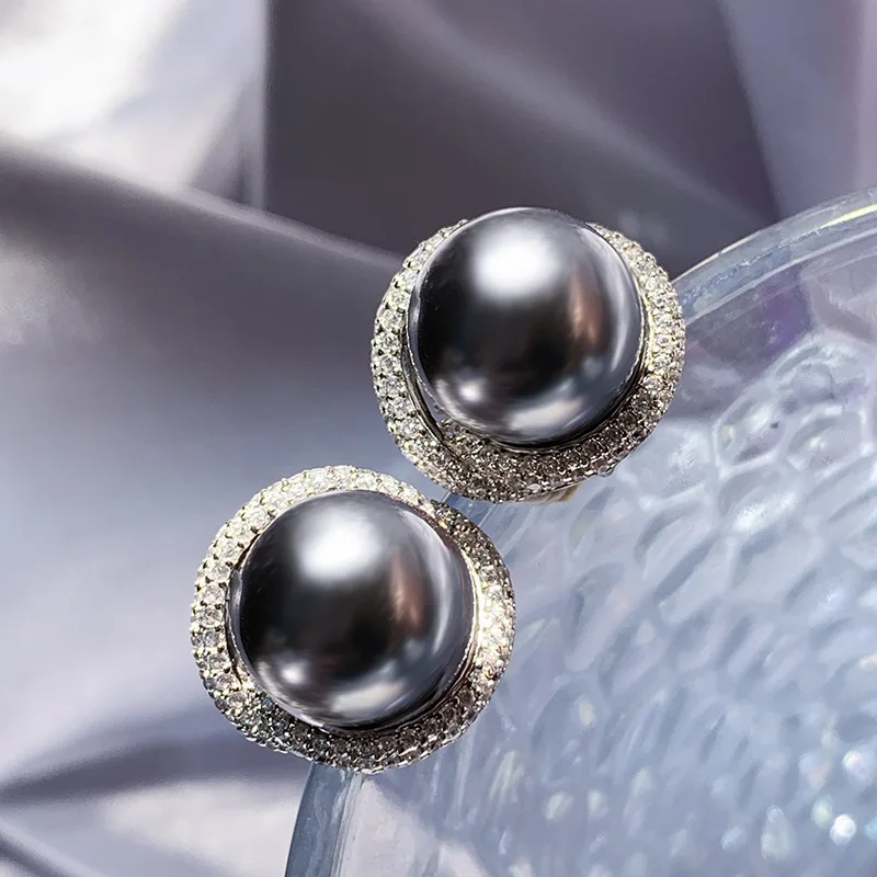Jewelry S925 Silver Inlaid Obey Women's Gray Pearl Versatile Pendant Set 14mm 12mm