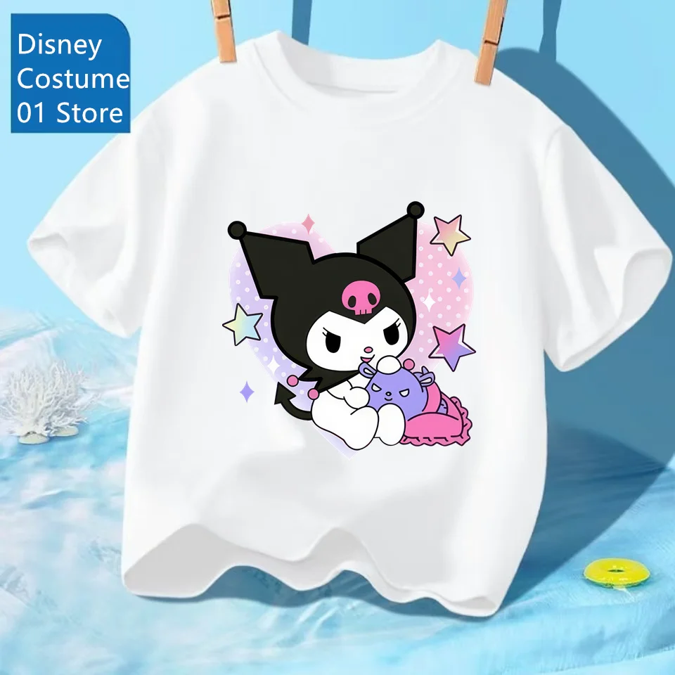 

MINISO Kuromi New Fashion Children's T-shirt Cute Sanrio Cartoon Cotton Black White T-shirt Short Sleeve Boy Girl Loose Clothing