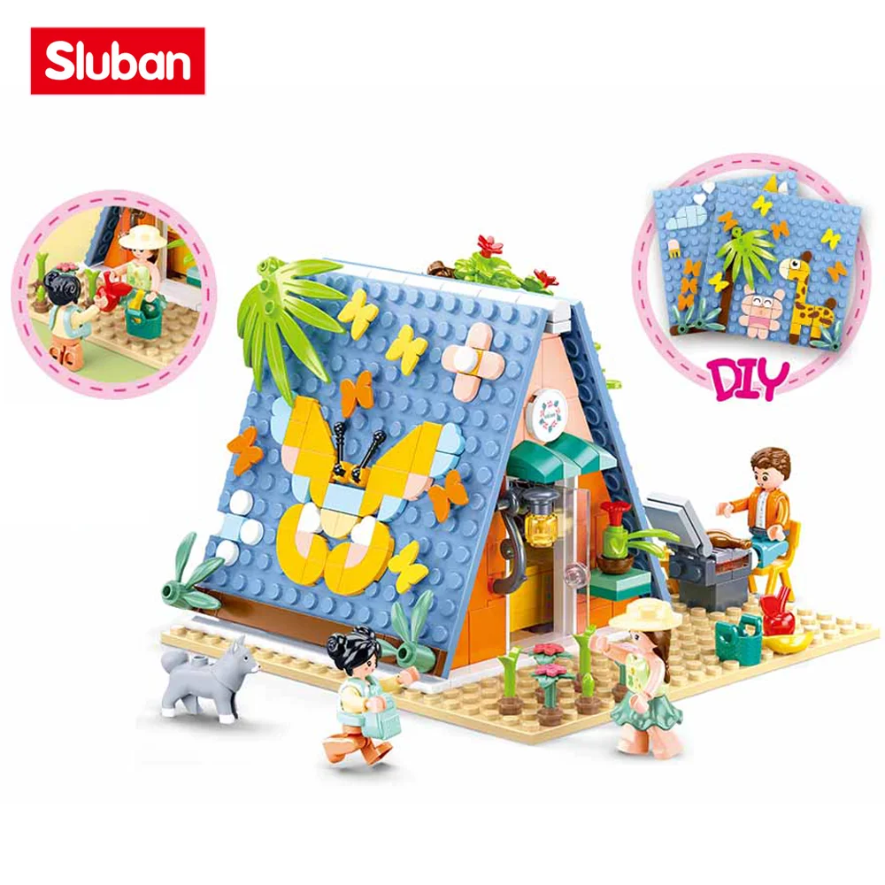 Sluban Bouwsteen Speelgoed Meisjes Droom Roze Serie B1088 Camp Hut Diy Huis 341Pcs Bricks Compatbile Met Toonaangevende Merken