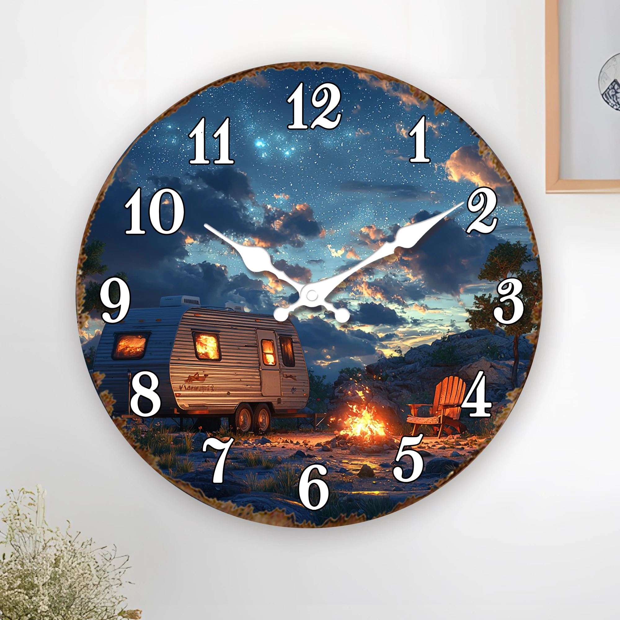 Starry Night Camper Round Wall Clock, Vintage Caravan with Campfire Design, Perfect Outdoor Enthusiast Decor