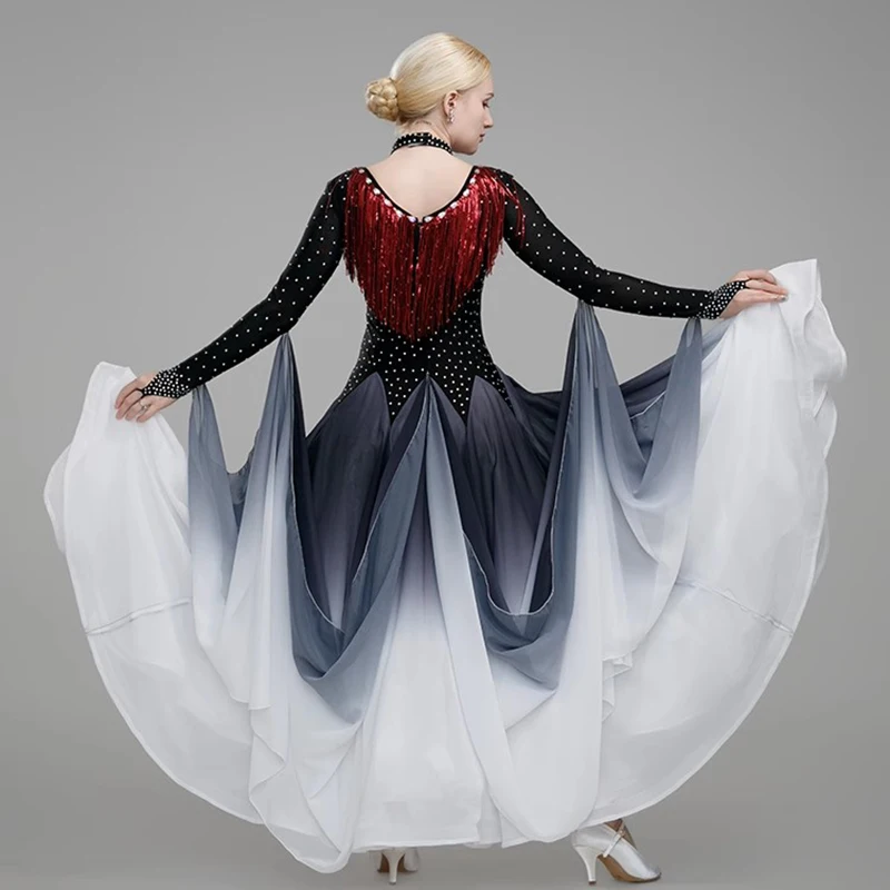 Robe de danse de salon à paillettes pour femmes, robe de valse de compétition, frange Standard nationale, vêtements de danse modernes à manches longues