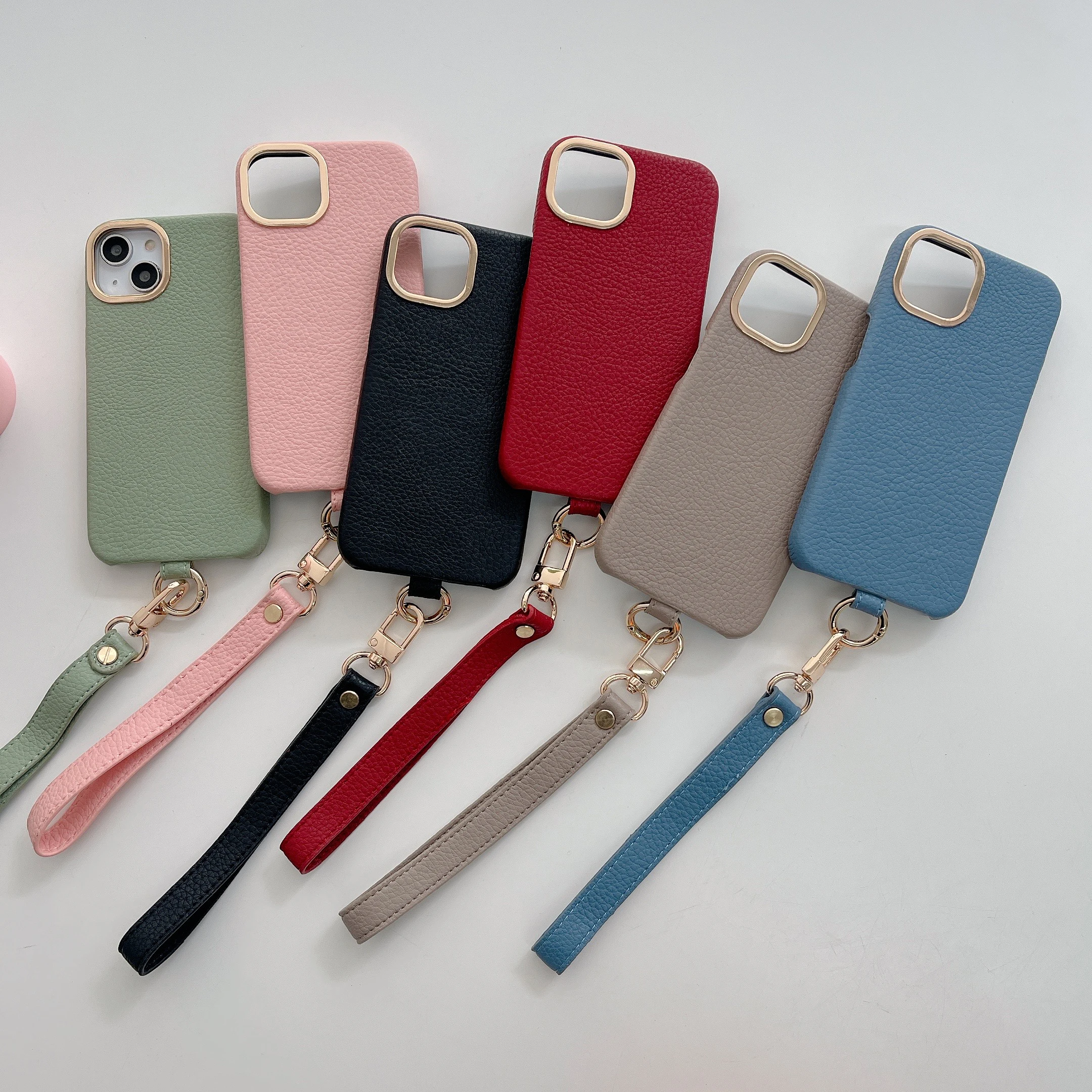 

Luxury Fashion Lanyard Strap Leather Phone Case For iPhone16 11 12 13 14 15Pro Max 16 7 8 Plus PU Lychee Pattern Cover
