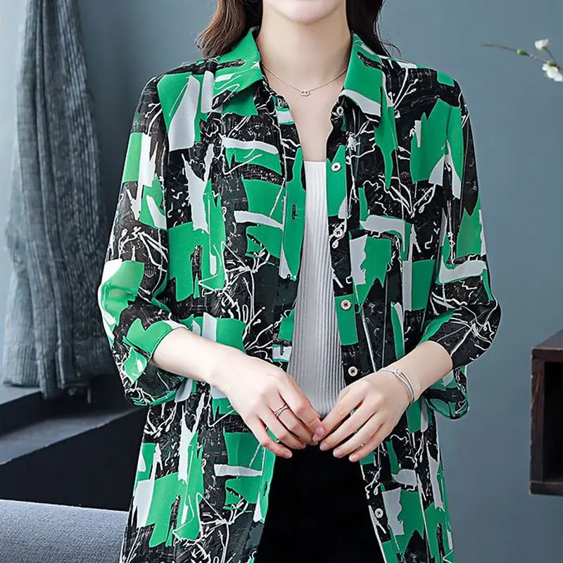 Summer 3/4 Sleeve Midi Blouse Stylish Single-breasted Female Clothing Turn-down Collar Casual Printed Spliced Straight Shirt New