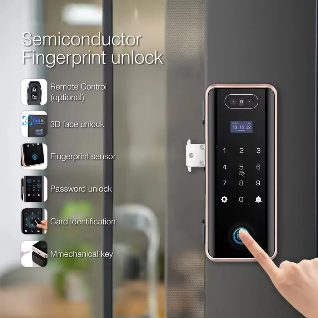 Smart WIFI Tuya Fingerprint Door Lock APP Remote Unlock 3D Facial Recognition Glass Door Lock Biometric Access Control System