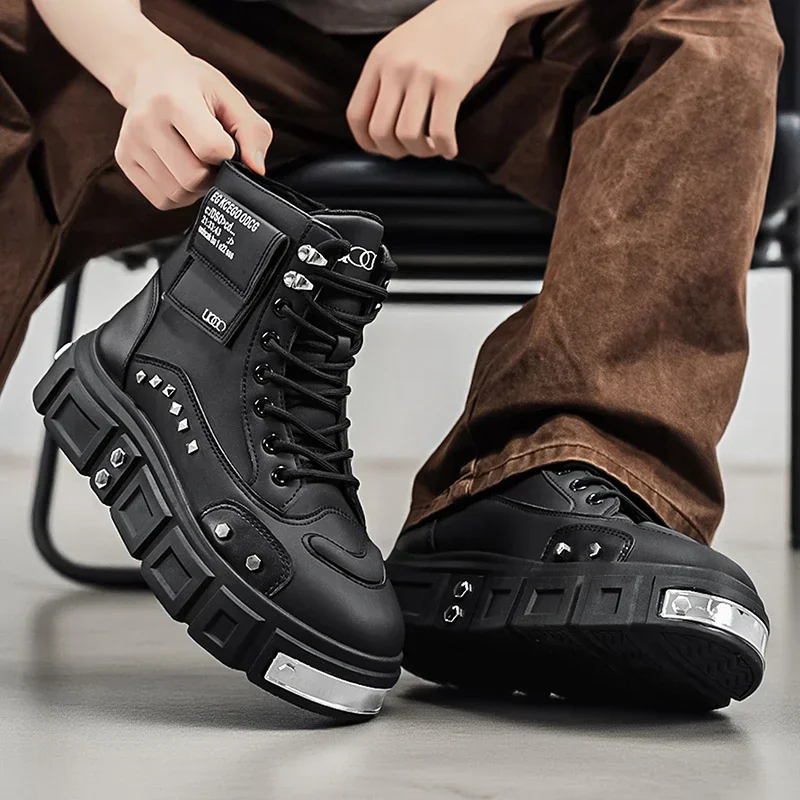 High-Top Boots Personalized Studded White Punk Style Men's High-Top Boots Thick-Soled Trendy Boots with Side Zipper for Men