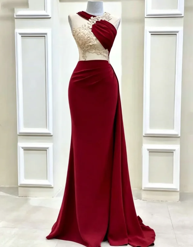 Long Burgundy Mermaid Formal Evening Dress Round Neck Sleeveless Lace Embroidered Sheer Party Gown Prom Dresses 2026 Customized