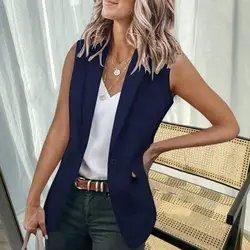 Women Blazer Vest Solid Color Loose Cardigan Sleeveless Jacket Single Button Wasitcoat Female Formal Suit Coat Commute Clothing