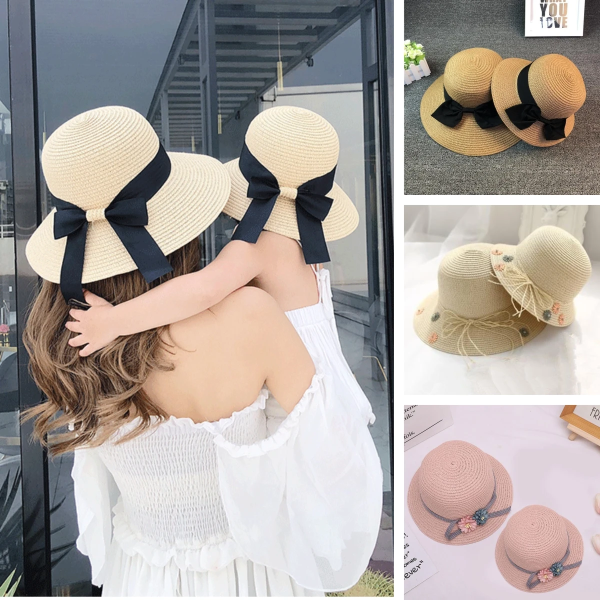 Summer Straw Hats for Beach Mom and Daughter Sun Panama Hats Simple Bow Kids Women Girl Lady Sunshade Bohemia Beach Vocation Cap