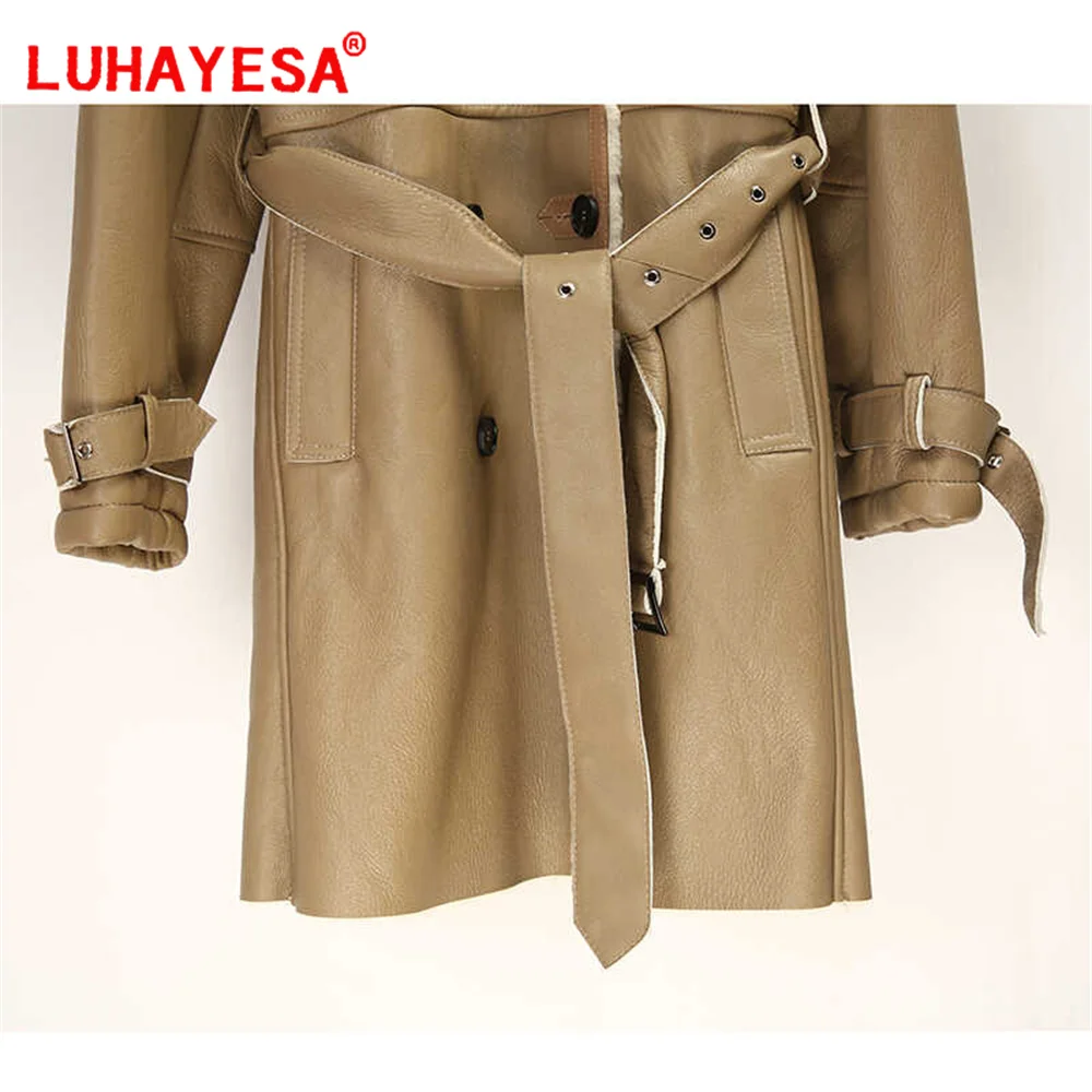 Manteau long en peau de mouton mérinos espagnol pour femme, double boutonnage, chaud, hiver, 2024