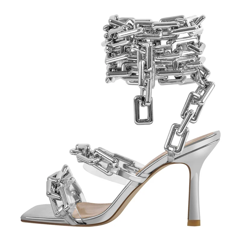 Onlymaker Women Gold Square Toe Metal Chain Lace-up Stiletto Sandals Open Toe Sexy Party Stiletto Sandals