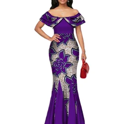 Fashion African Print Long Mermaid Dress for Women Bazin Rich Patchwork Peter Pan Colla Dresses African Design Clothing WY3272