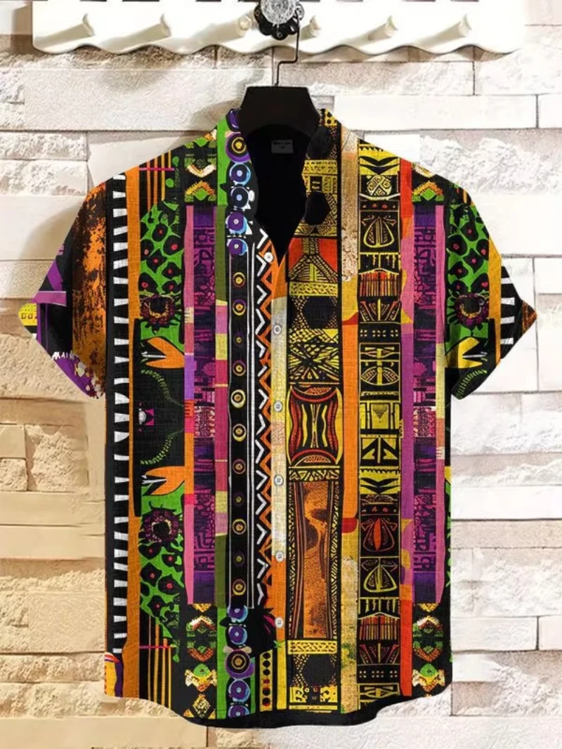 

Vintage African Style Men's Shirts Ethnic Tribal Short Sleeve Shirts Tops Fashion Casual Vacation Button Down Blouse 2025 New