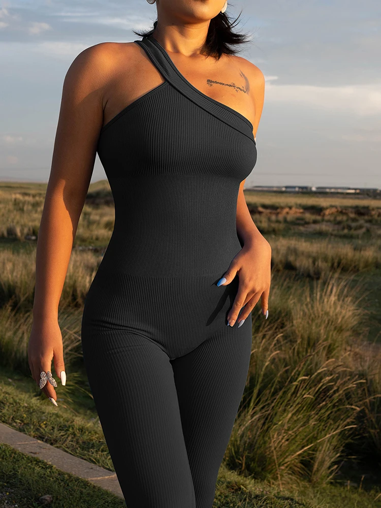 Early Autumn Bodysuit Solid Color Sloping Shoulders Sleeveless Women\'s Hip Lifting Sports Fitness Jumpsuits