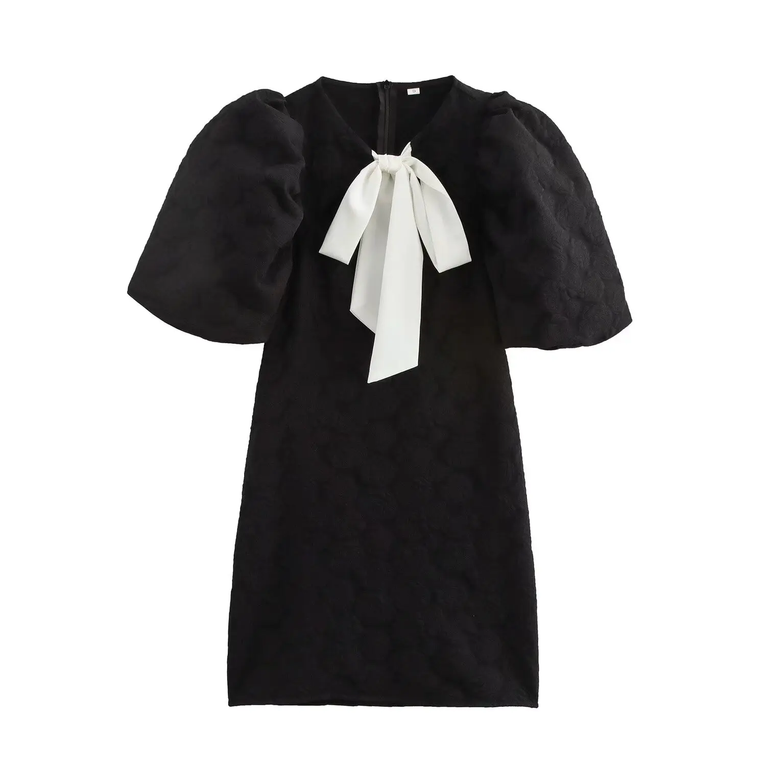 JNLEAOG 가을 신상 여성 드레스 컬러 블록 나비 매듭 장식 버블 슬리브 요정 스커트 반팔 라운드 넥