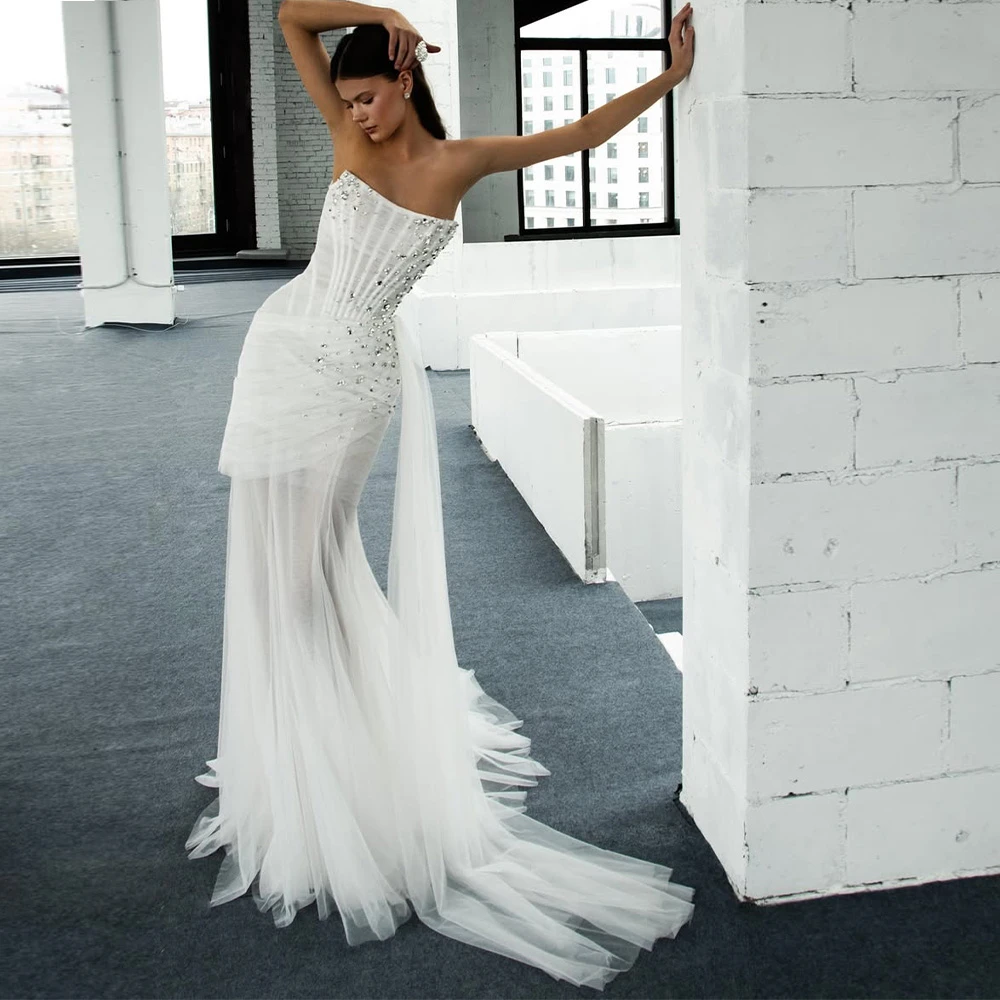 Customized Elegant White Organza Wedding Dress Formal Strapless Sleeveless Bridal Gown Soft Straight Chapel Train Robe de mariée