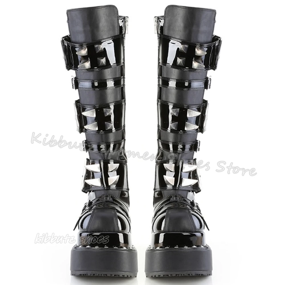 Rock Punk Knee High Boots Platform Gothic Belt Buckles Elegant Concise Round Toe Height Increasing Side Zipper Women Shoes New