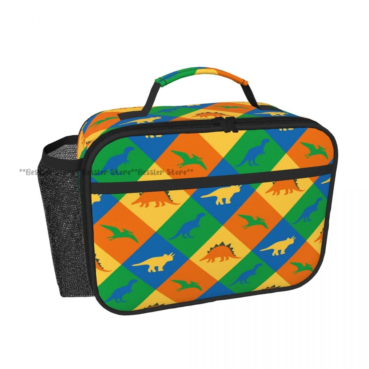 Horizontal Hand Carry Insulated Bento Lunch Bag Dinosaur Patchwork Thermal Reusable Meal Container Bag