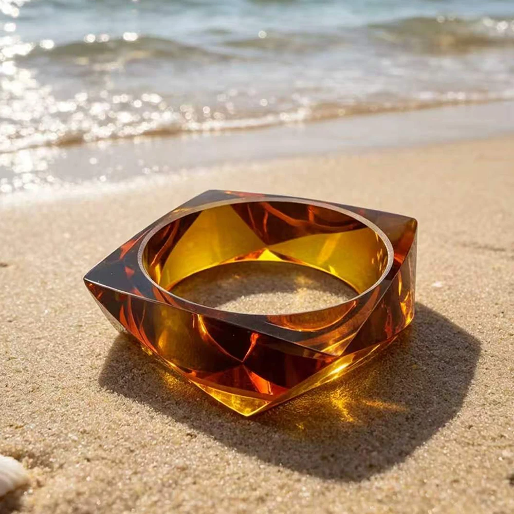 Amber Orange Chunky Resin Bangle - Geometric Square Faceted Statement Bracelet, Bold Transparent Cuff Gift for Women for Her