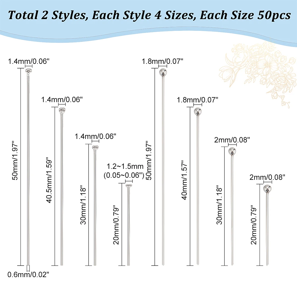 400pcs 4Sizes Ball Head Pins Flat Head Pins Kit 304 Stainless Steel Jewelry Making Pins 20/30/40/50mm Headpin 22 Guage
