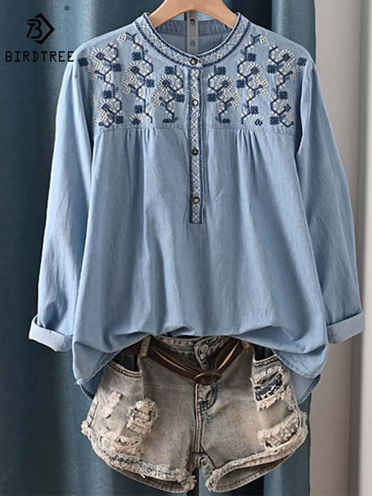 New Spring Cotton Denim Shirt Women O-Neck Long Sleeve Tops Girl Retro Embroidery Commute Loose Blouse 2024 Autumn Coat T43740QM