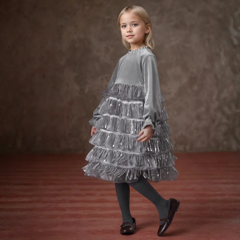 

2024, весенне-осеннее теплое платье на флисовой подкладке для девочек, новое корейское платье с высоким воротником и низом, пышное сетчатое платье с длинными рукавами для девочек