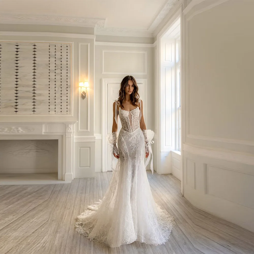 Maßgeschneidertes exquisites Brautkleid mit Spitze, Meerjungfrau, langes Brautkleid, anmutiges Brautkleid mit quadratischem Ausschnitt, ärmellose Kleider für die Braut