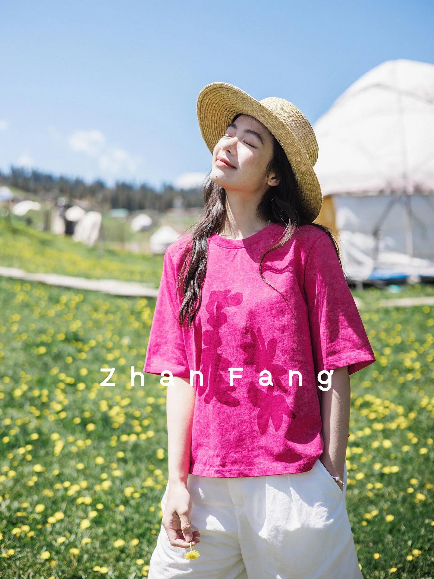 Summer Special Bloom 366 Dopaamine Wax Print T-Shirt Double Cotton Hand Painted Flower Silhouette Watermark Raspberry Short S...