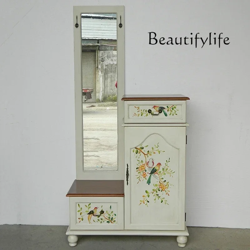 

ZZL American-style old entrance shoe change stool full-length mirror furniture painted clothes and hats shoe cabinet