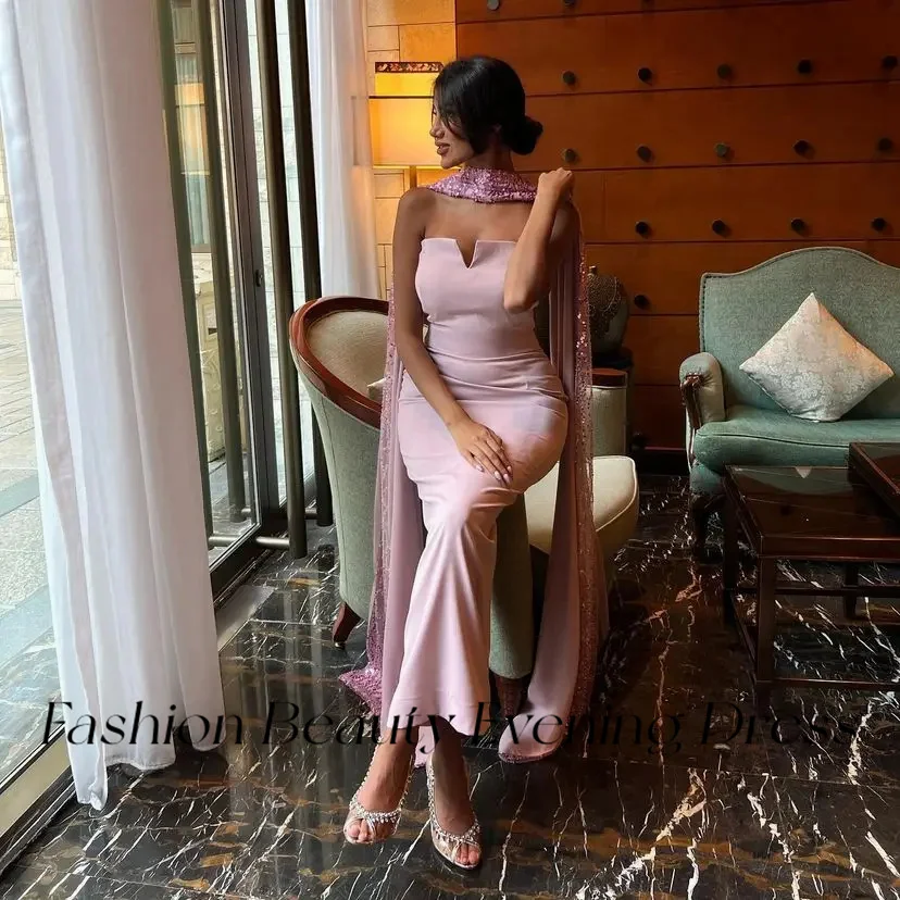 Fashion Beauty Saudi Pink Prom Dresses Strapless Shiny Beaded Ribbons Formal Occassion Dress For Women 2024 vestidos de noche