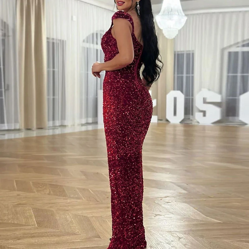 Temperament Elegant Solid Bag Hips Dresses Sexy V Neck Shiny Sequins Bodycon Dresses Fashion Sleeveless High Split Evening Dress