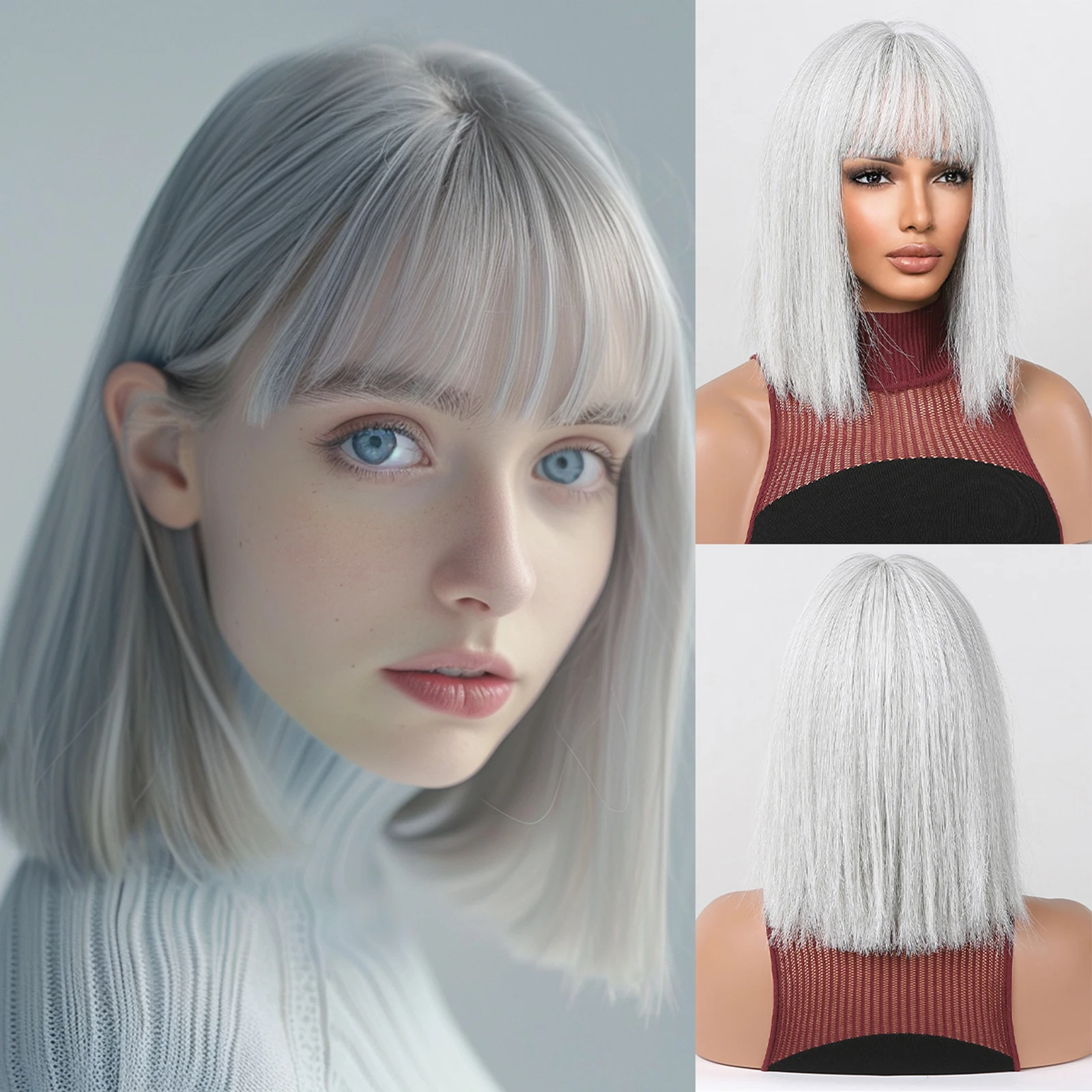 Silver Gray Straight Synthetic Wig Short Bob Wigs with Bangs for Women Cosplay Party Use Heat Resistant Fiber Natural Looking