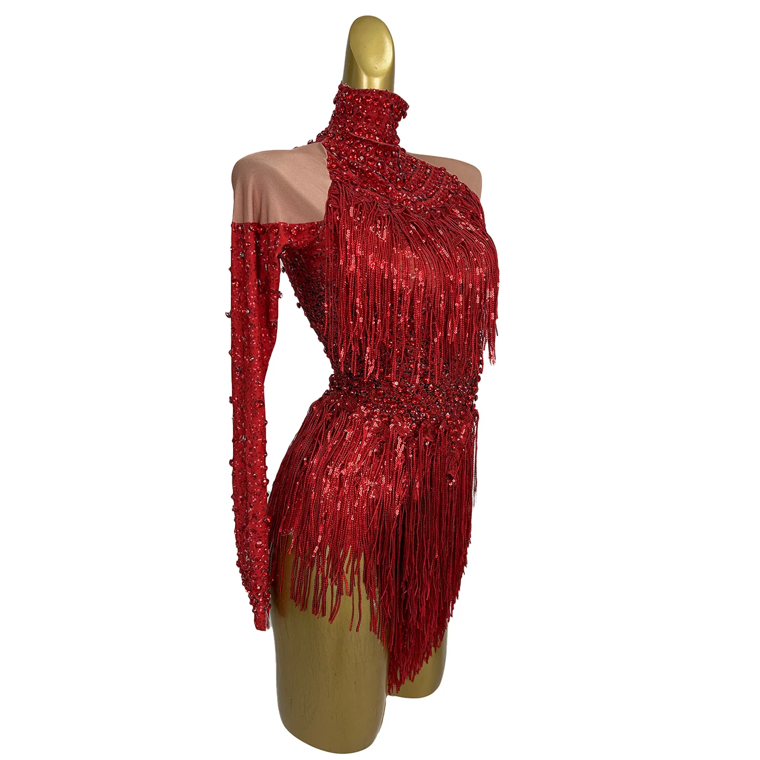 Nightclub Sexy Show Wear Carnival Party Bodycon Spandex Elastic Tassel Red Bodysuit Sparkly Rhinestone Stage Performance Costume